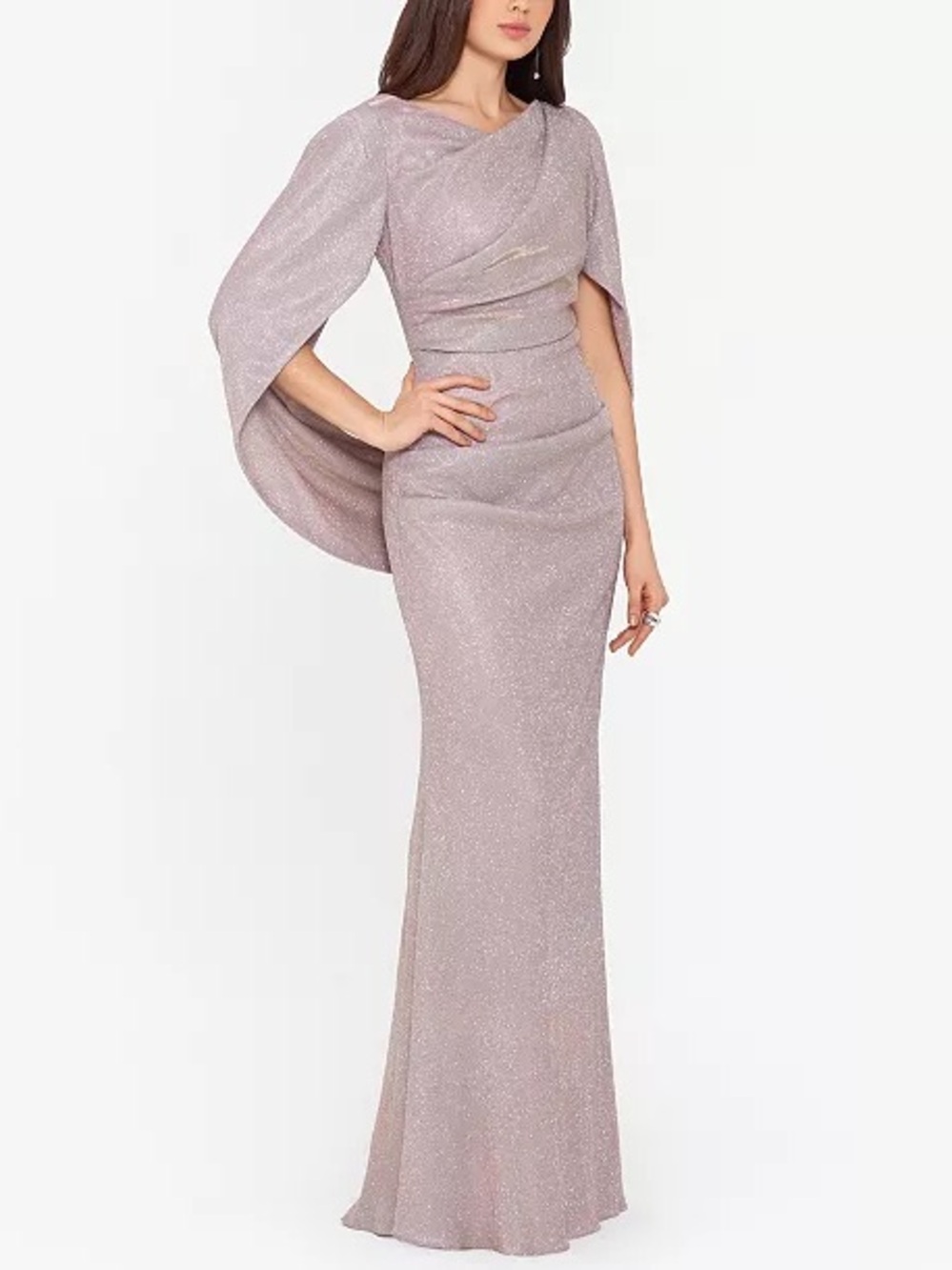 Betsy & Adam Blush Sparkle Cape-Sleeve Evening Gown